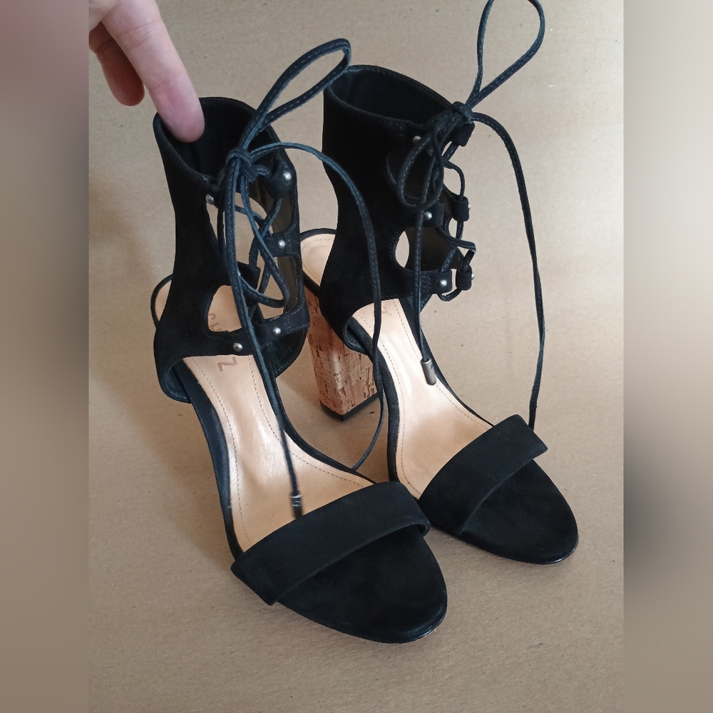 Schutz Cruz Goat Sz 7B Black Suede Lace Up Block Cork Heel